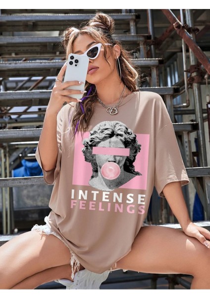 Büyük Beden Intense Feelings Baskılı Unisex Oversize T-Shirt - Kadın Oversize Tişört
