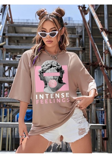 Büyük Beden Intense Feelings Baskılı Unisex Oversize T-Shirt - Kadın Oversize Tişört modelleri