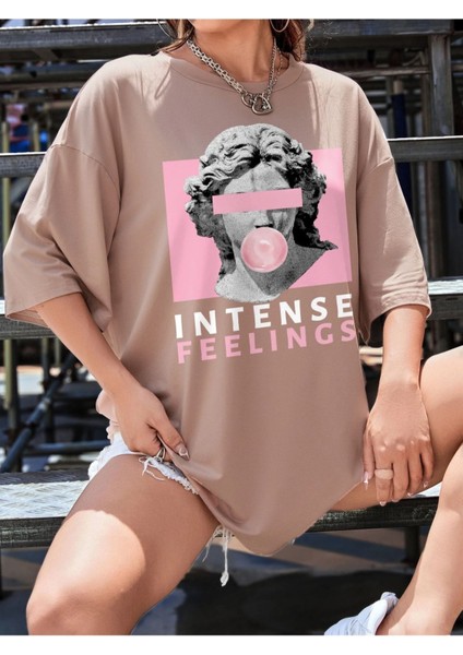 Büyük Beden Intense Feelings Baskılı Unisex Oversize T-Shirt - Kadın Oversize Tişört