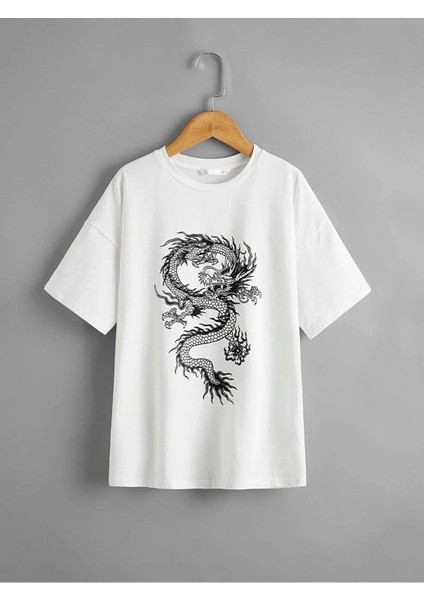 Oversize Beyaz Ejder Baskılı Çocuk T-Shirt