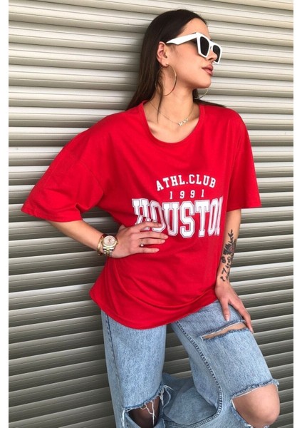 Kırmızı Houston Logo Baskılı Oversize Kadın T-Shirt
