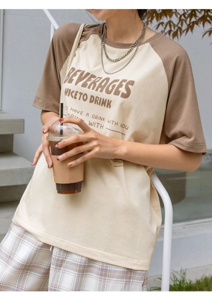 Kadın Bej Beverages Nice To Drink Baskılı Kollar Siyah Oversize T-Shirt