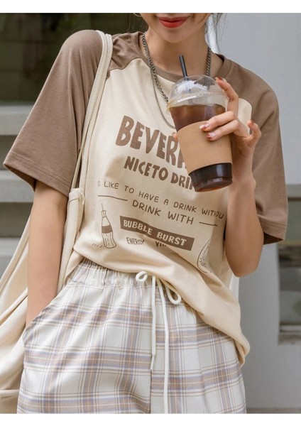 Kadın Bej Beverages Nice To Drink Baskılı Kollar Siyah Oversize T-Shirt
