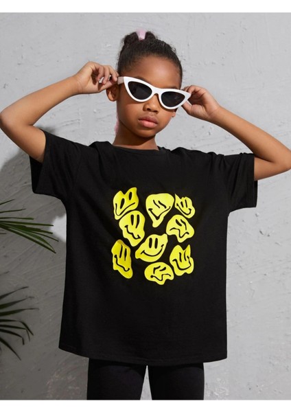 Kids Gülücük Emoji Baskılı Oversize Siyah Çocuk T-Shirt