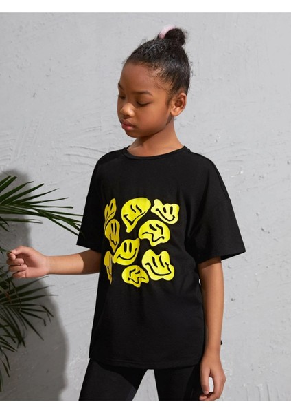 Kids Gülücük Emoji Baskılı Oversize Siyah Çocuk T-Shirt modelleri
