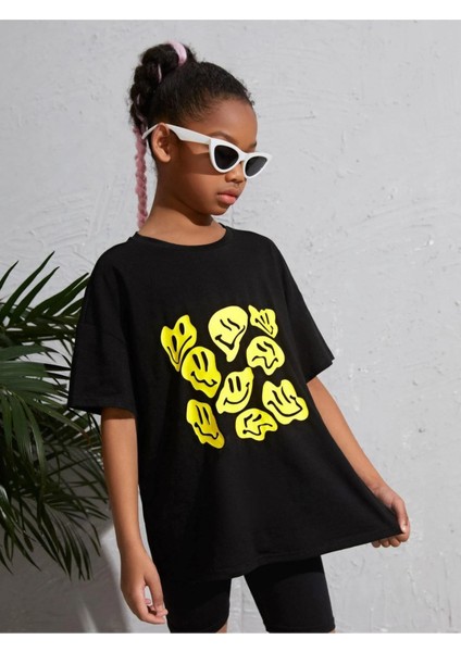 Kids Gülücük Emoji Baskılı Oversize Siyah Çocuk T-Shirt fırsatları