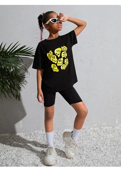 Kids Gülücük Emoji Baskılı Oversize Siyah Çocuk T-Shirt indirimleri