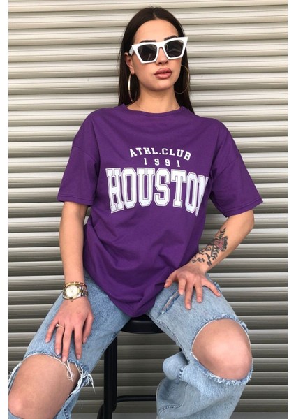 Kadın Mor Houston Yazı Baskılı Oversize T-Shirt