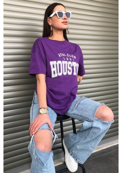 Kadın Mor Houston Yazı Baskılı Oversize T-Shirt fiyatları