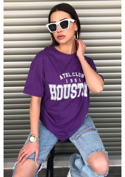 Kadın Mor Houston Yazı Baskılı Oversize T-Shirt modelleri