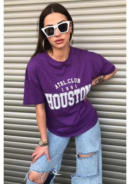 Kadın Mor Houston Yazı Baskılı Oversize T-Shirt fırsatları