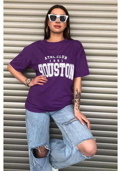 Kadın Mor Houston Yazı Baskılı Oversize T-Shirt indirimleri
