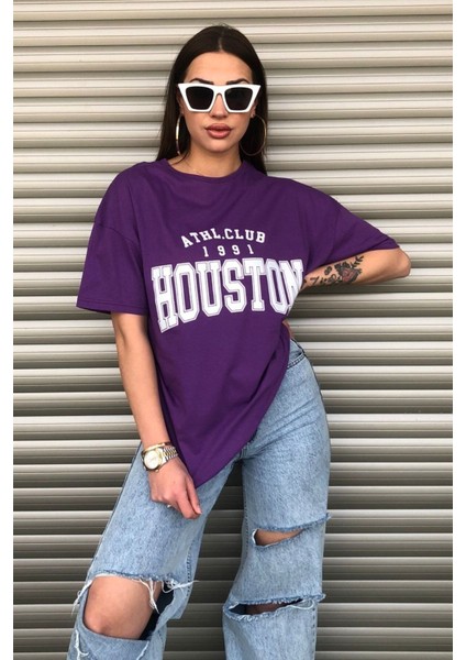 Kadın Mor Houston Yazı Baskılı Oversize T-Shirt