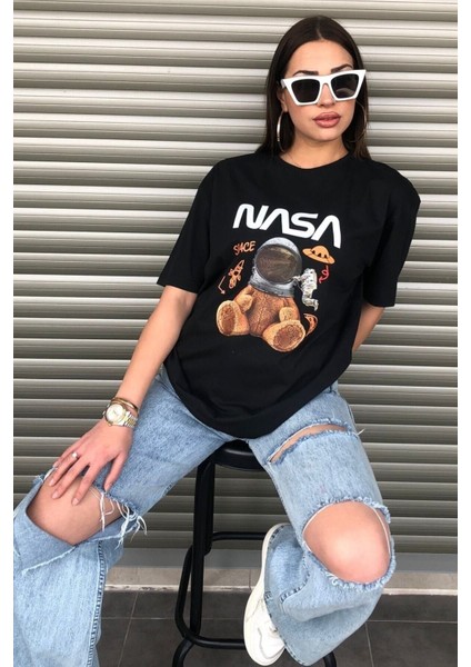 Oversize Nasa Ayıcık Baskılı Unisex Siyah T-Shirt