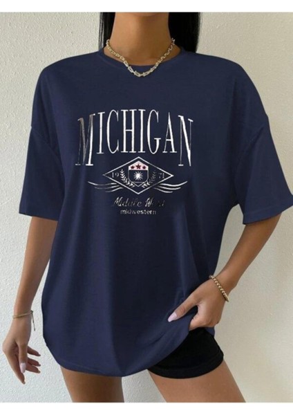 Kadın Indigo Michigan Baskılı T-Shirt