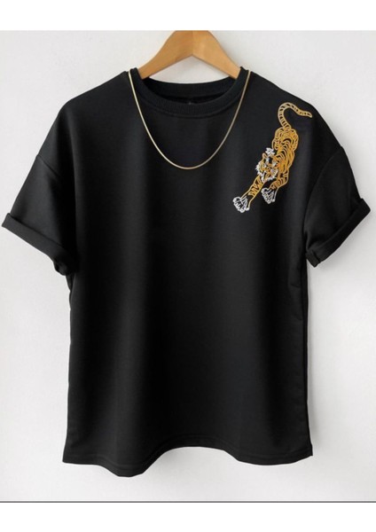 Oversize Siyah Tiger Baskılı T-Shirt