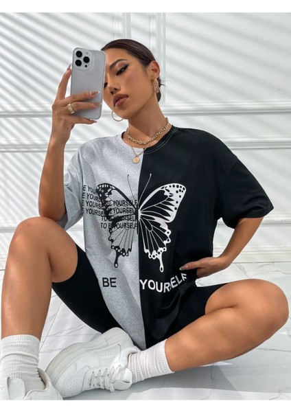 Çift Renk Kelebek Yourself Baskılı Oversize T-Shirt