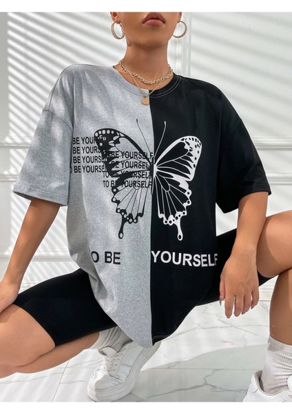 Çift Renk Kelebek Yourself Baskılı Oversize T-Shirt fiyatları