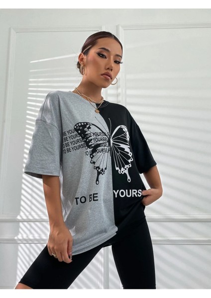 Çift Renk Kelebek Yourself Baskılı Oversize T-Shirt modelleri