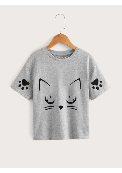 Kids Gri Kedi Meow Baskılı Oversize Unisex Çocuk T-Shirt