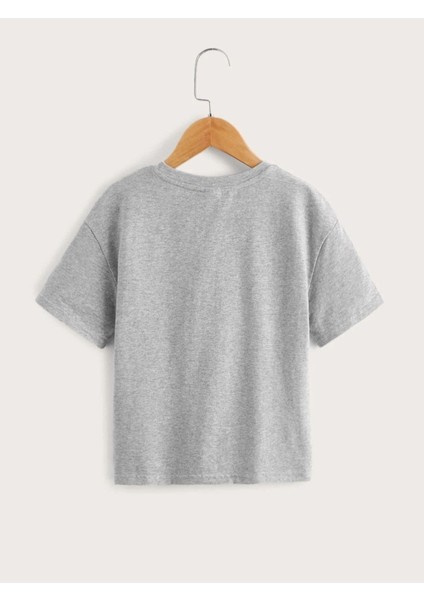 Kids Gri Kedi Meow Baskılı Oversize Unisex Çocuk T-Shirt modelleri