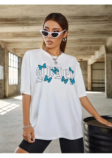 Angel Yazılı Kelebek Desenli Oversize/geniş Rahat Kesim Bisiklet Yaka Unisex Örme T-Shirt