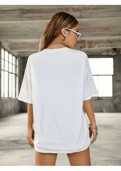 Angel Yazılı Kelebek Desenli Oversize/geniş Rahat Kesim Bisiklet Yaka Unisex Örme T-Shirt fiyatları