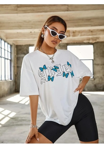 Angel Yazılı Kelebek Desenli Oversize/geniş Rahat Kesim Bisiklet Yaka Unisex Örme T-Shirt modelleri