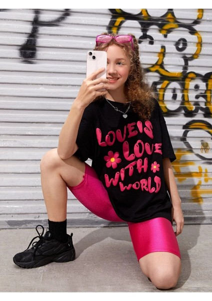Kids Pembe Love's Baskılı Oversize Siyah Kız Çocuk T-Shirt