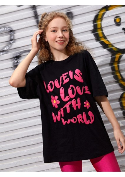Kids Pembe Love's Baskılı Oversize Siyah Kız Çocuk T-Shirt modelleri