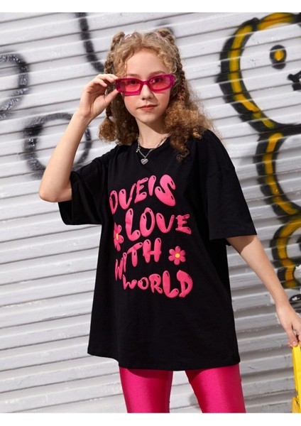 Kids Pembe Love's Baskılı Oversize Siyah Kız Çocuk T-Shirt fırsatları