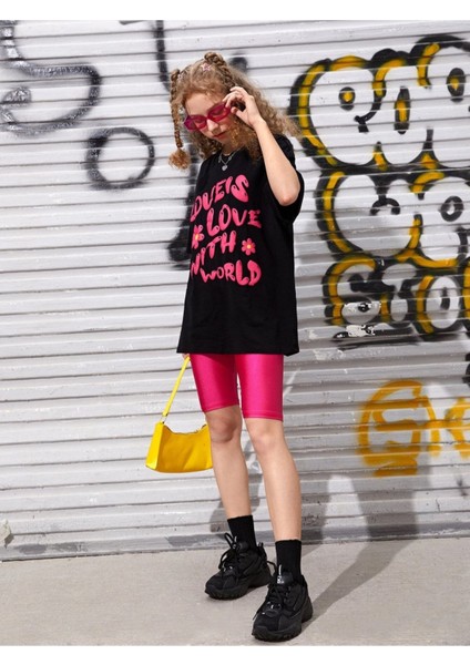 Kids Pembe Love's Baskılı Oversize Siyah Kız Çocuk T-Shirt indirimleri