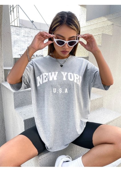 Büyük Beden U.s.a Kadın New York Baskılı Oversize T-Shirt