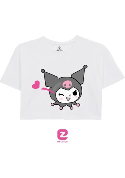 Kadın Kuromi Baskılı Oversize Crop T-Shirt