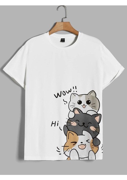 Çocuk Wow Kedi Baskılı Oversize T-Shirt