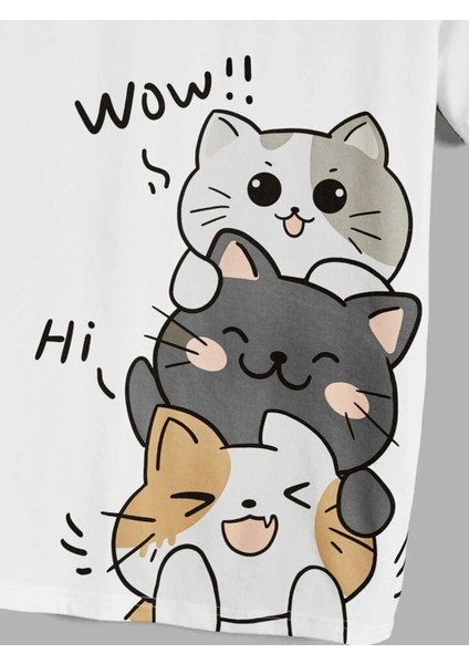 Çocuk Wow Kedi Baskılı Oversize T-Shirt modelleri