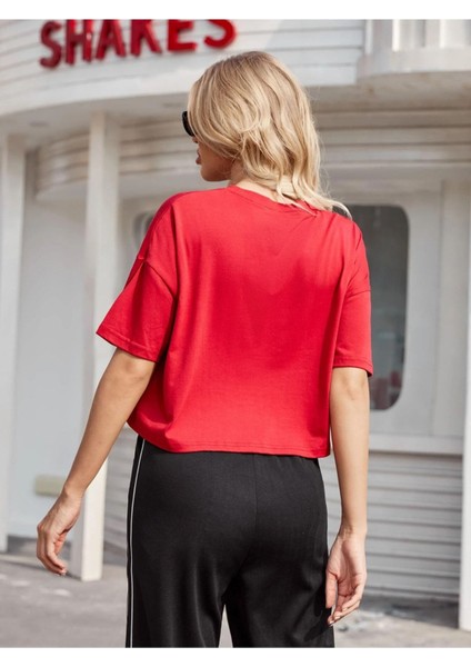 Ready Baskılı Kırmızı Oversize Crop T-Shirt fiyatları