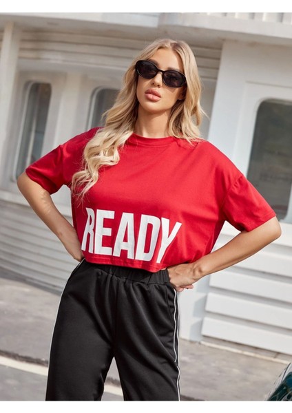 Ready Baskılı Kırmızı Oversize Crop T-Shirt fırsatları
