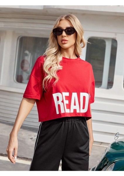 Ready Baskılı Kırmızı Oversize Crop T-Shirt indirimleri