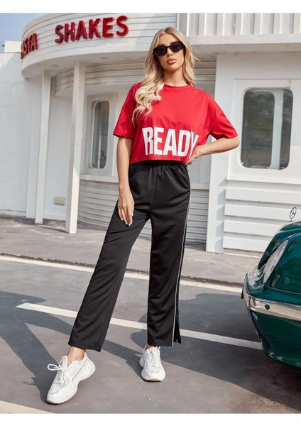 Ready Baskılı Kırmızı Oversize Crop T-Shirt