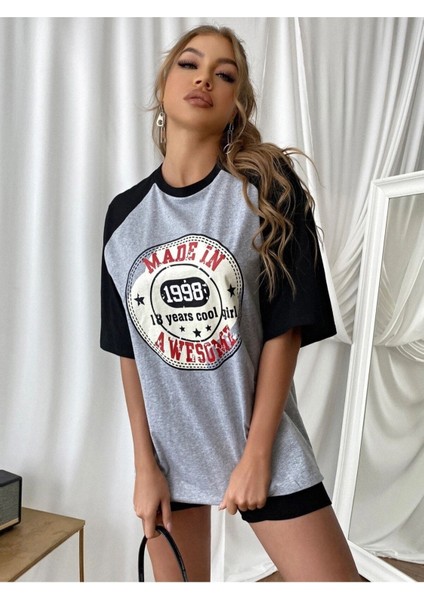 Kadın Made In Awesome 1998 Baskılı Kollar Siyah Oversize T-Shirt