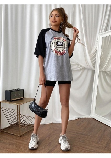 Kadın Made In Awesome 1998 Baskılı Kollar Siyah Oversize T-Shirt