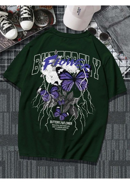 Flower & Butterfly Çiçek & Kelebek Baskılı Oversize T-Shirt