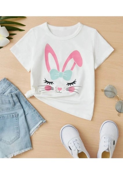 Pembe Tatlı Tavşan Baskılı Oversize Bisiklet Yaka Pamuklu Beyaz Çocuk T-Shirt