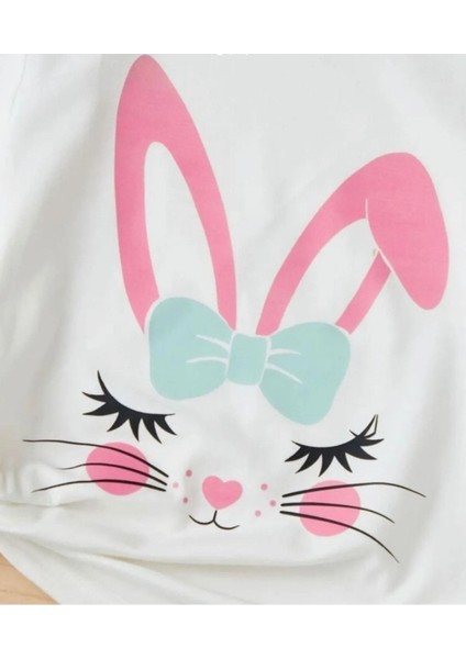 Pembe Tatlı Tavşan Baskılı Oversize Bisiklet Yaka Pamuklu Beyaz Çocuk T-Shirt fiyatları
