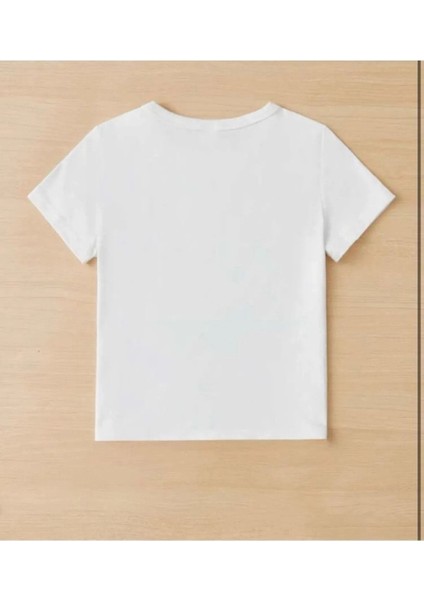 Pembe Tatlı Tavşan Baskılı Oversize Bisiklet Yaka Pamuklu Beyaz Çocuk T-Shirt modelleri