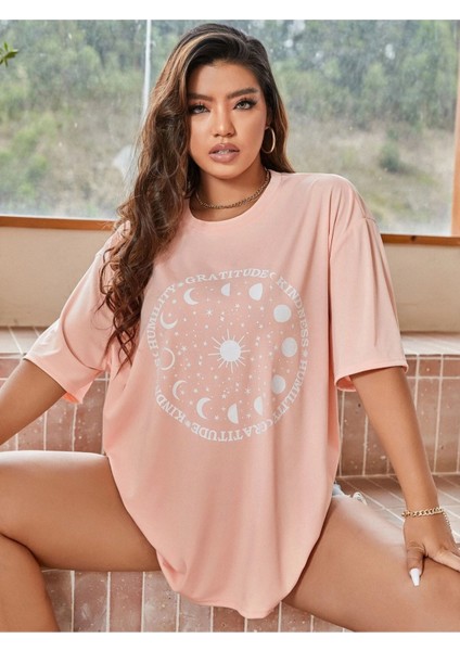 Gratitude - Kindness - Humility Yazılı Güneş ve Ay Baskılı Mercan Pembesi Oversize T-Shirt indirimleri