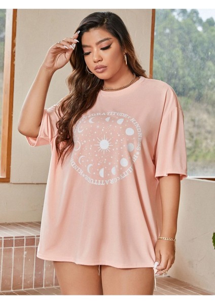 Gratitude - Kindness - Humility Yazılı Güneş ve Ay Baskılı Mercan Pembesi Oversize T-Shirt