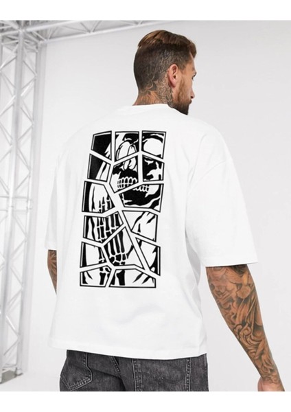 Skullcracked Baskılı Bisiklet Yaka Oversize Unisex Tshirt