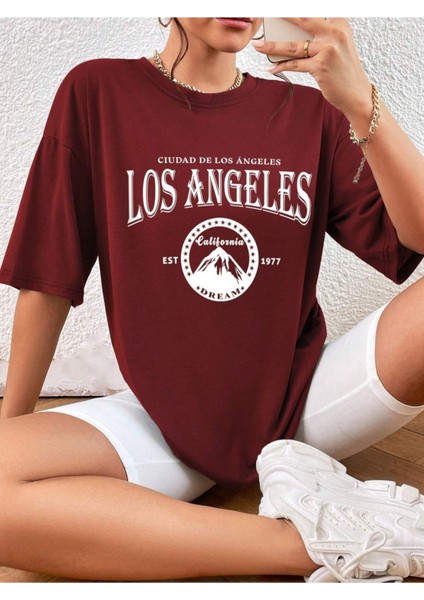 Cuidad De Los Angeles Baskılı Oversize Bisiklet Yaka Pamuk T-Shirt